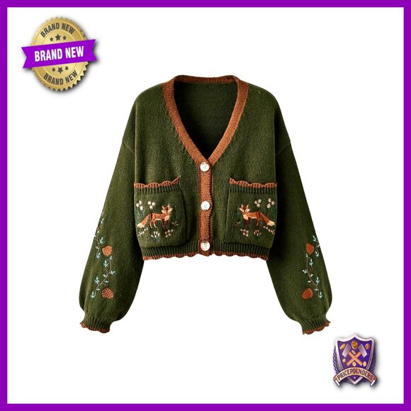 Sweaters - Floral Embroidered Cropped Cardigan, Loose Fit, V-Neck, Button Front, Fall